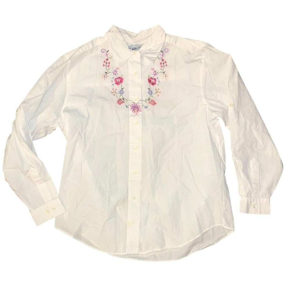 Vintage Cabin Creek Embroidered Floral Button-Up Shirt White Long Sleeve Womens